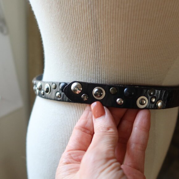 Linea Pelle belt black leather and silver buckle, studs, grommets size S Y2K